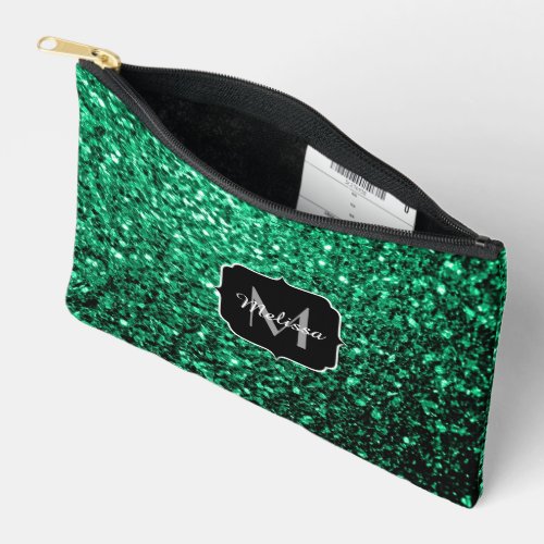 Emerald green faux glitter sparkles Monogram Accessory Pouch