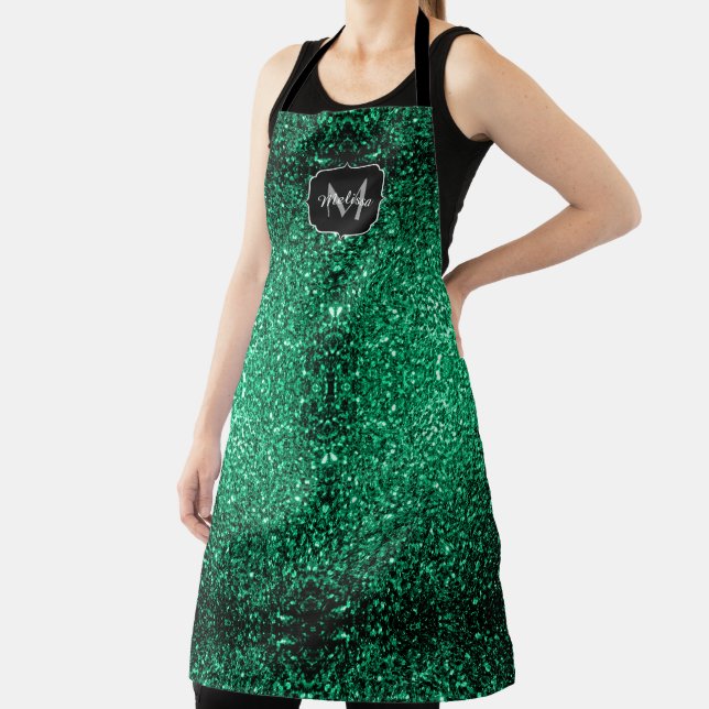 Emerald Green faux glitter sparkles Monogram Apron (Insitu)