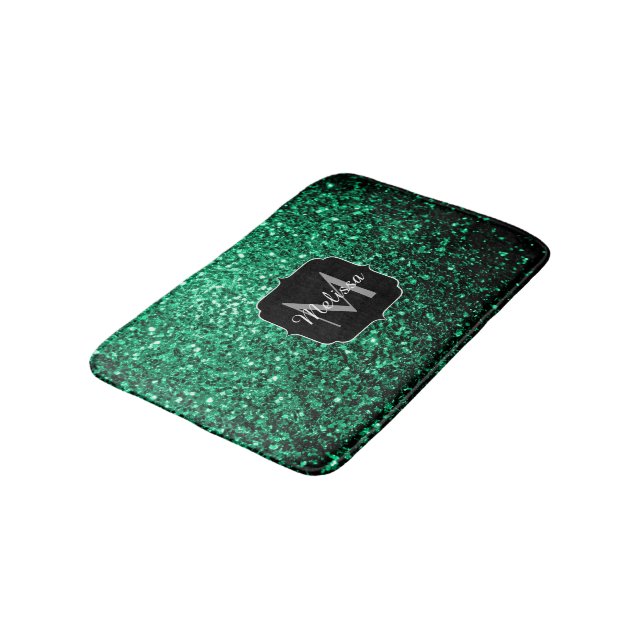 Emerald Green faux glitter sparkles Monogram Bathroom Mat (Angled)