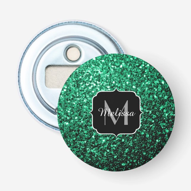 Emerald Green faux glitter sparkles Monogram Bottle Opener (Front)