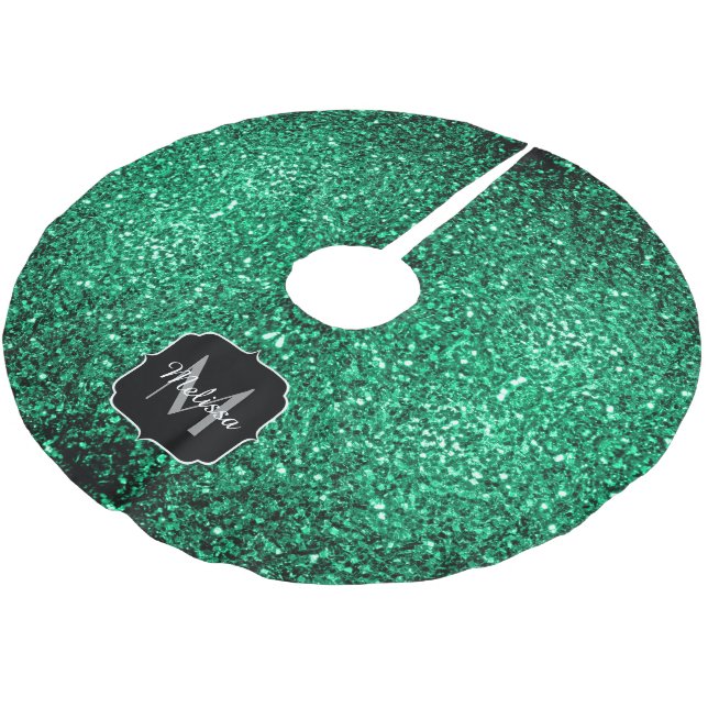 Emerald Green faux glitter sparkles Monogram Brushed Polyester Tree Skirt (Angled)