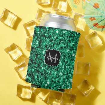 Emerald Green Faux Glitter Sparkles Monogram Can Cooler by PLdesign at Zazzle