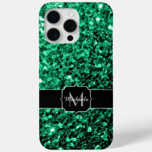 Emerald green faux glitter sparkles Monogram iPhone 15 Pro Max Case