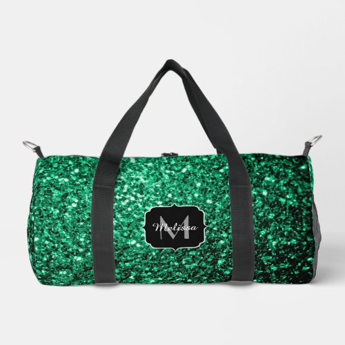 Emerald green faux glitter sparkles Monogram Duffle Bag