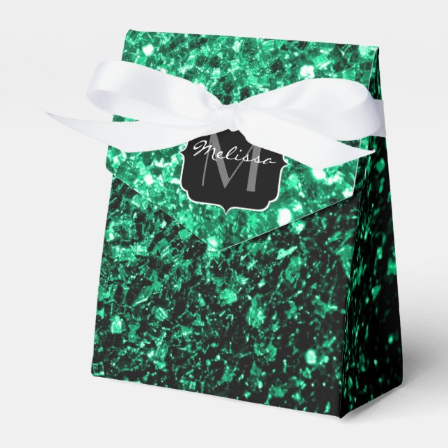 Emerald Green faux glitter sparkles Monogram Favor Boxes (Front Side)