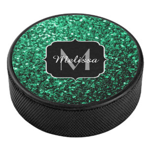 Emerald Green faux glitter sparkles Monogram Hockey Puck