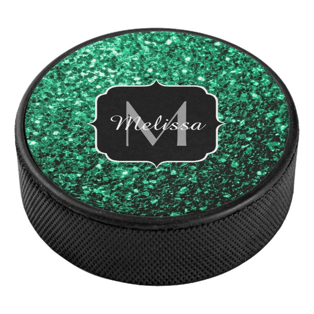 Emerald Green faux glitter sparkles Monogram Hockey Puck (3/4)