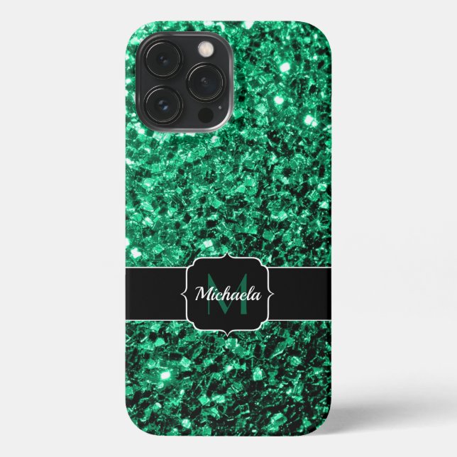 Emerald Green faux glitter sparkles Monogram iPhone Case (Back)