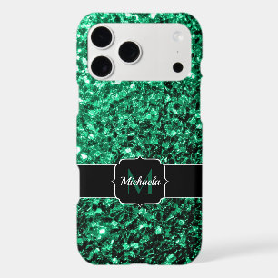 Emerald Green faux glitter sparkles Monogram iPhone 17 Pro Max Case