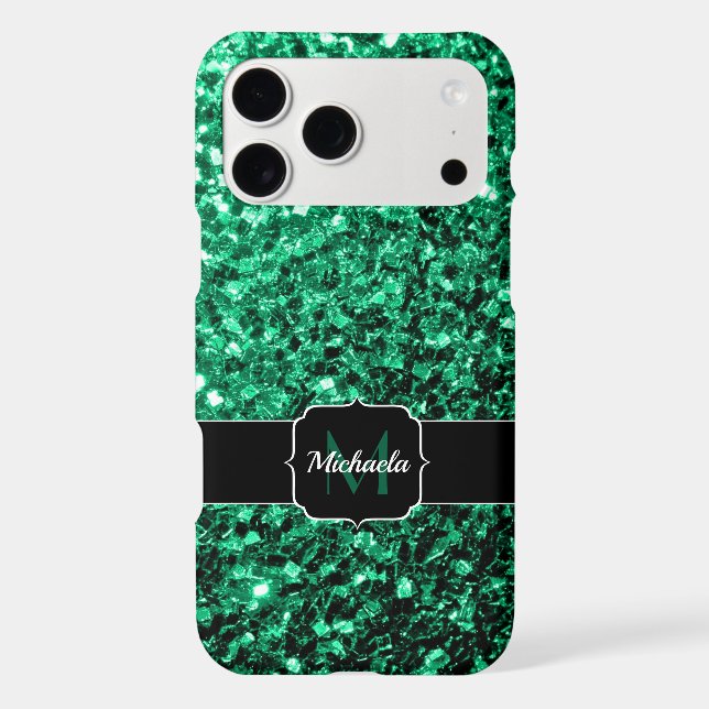 Emerald Green faux glitter sparkles Monogram iPhone Case (Back)