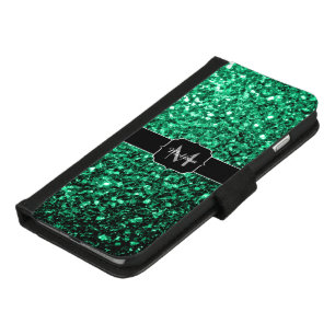 Emerald Green faux glitter sparkles Monogram iPhone 8/7 Plus Wallet Case