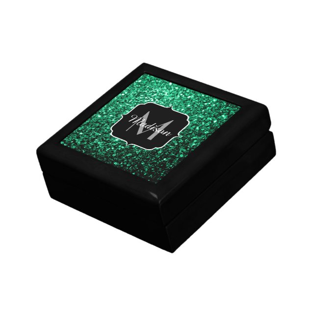 Emerald Green faux glitter sparkles Monogram Keepsake Box (Side)