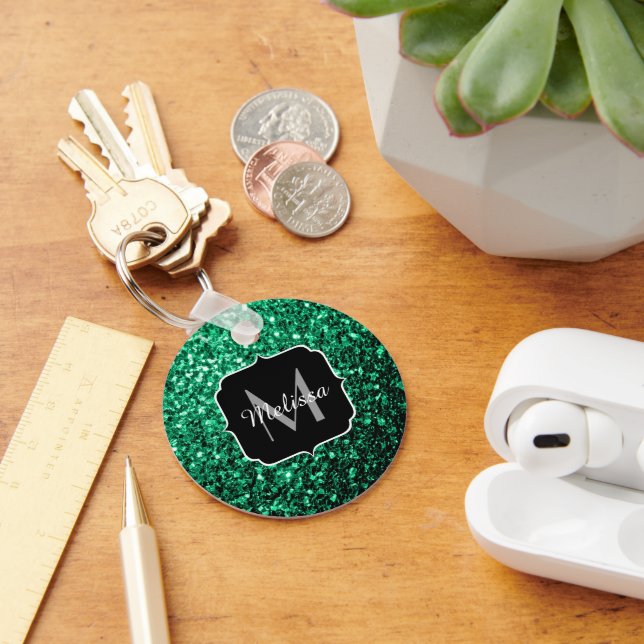 Emerald Green faux glitter sparkles Monogram Keychain (Desk)