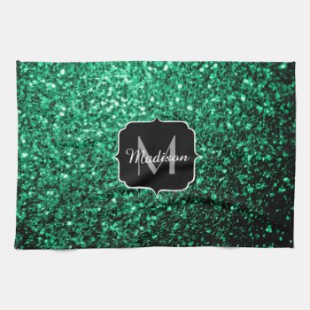 Emerald Green Faux Glitter Sparkles Monogram Kitchen Towel by PLdesign at Zazzle