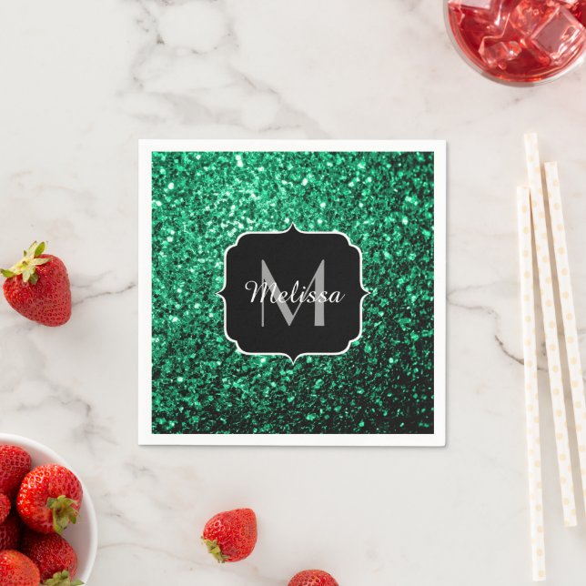 Emerald Green faux glitter sparkles Monogram Napkins (Insitu)