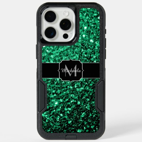 Emerald green faux glitter sparkles Monogram iPhone 15 Pro Max Case