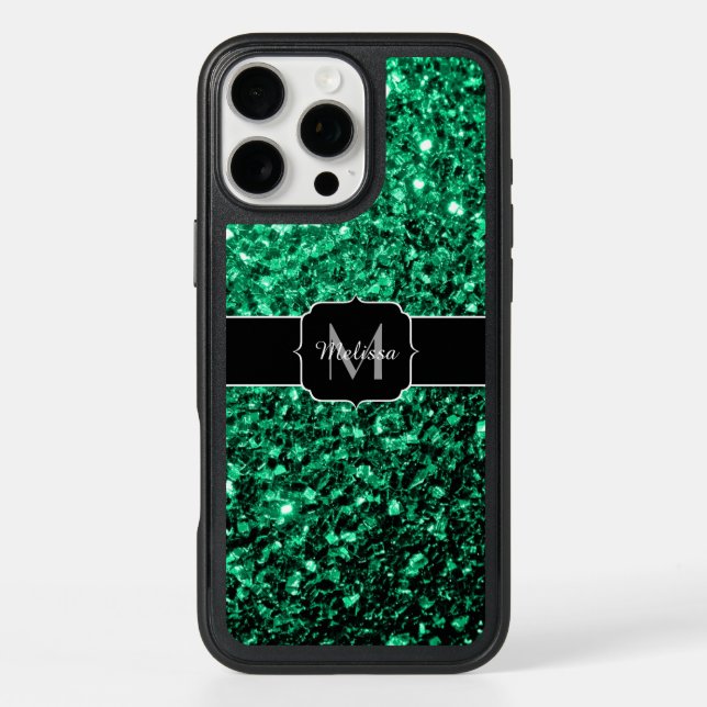 Emerald Green faux glitter sparkles Monogram Otterbox iPhone Case (Back)