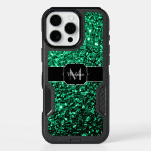 Emerald Green faux glitter sparkles Monogram iPhone 16 Pro Max Case