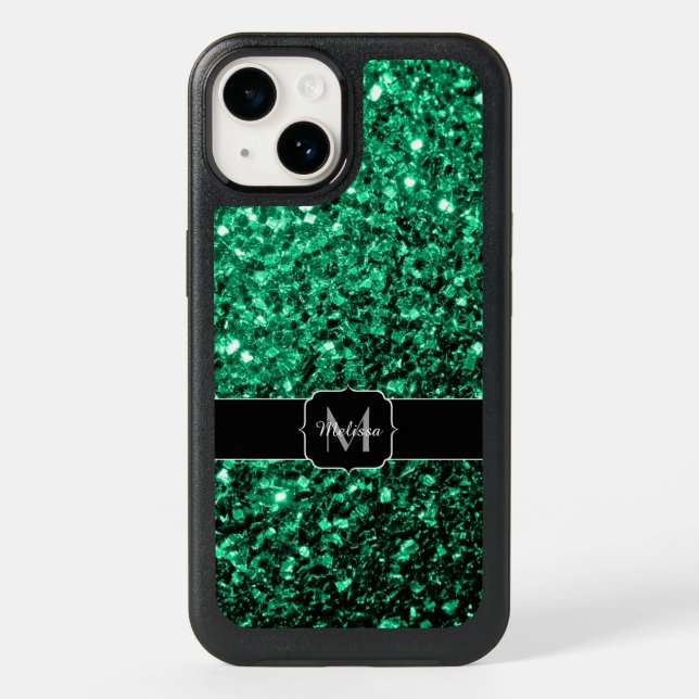 Emerald Green faux glitter sparkles Monogram Otterbox iPhone Case (Back)