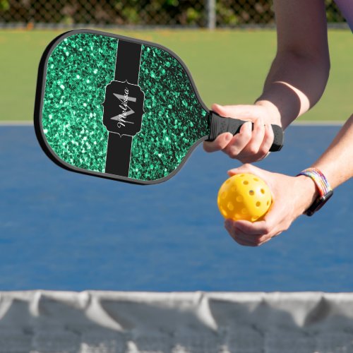 Emerald Green faux glitter sparkles Monogram Pickleball Paddle