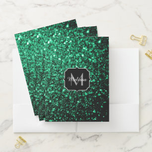 Emerald Green faux glitter sparkles Monogram Pocket Folder