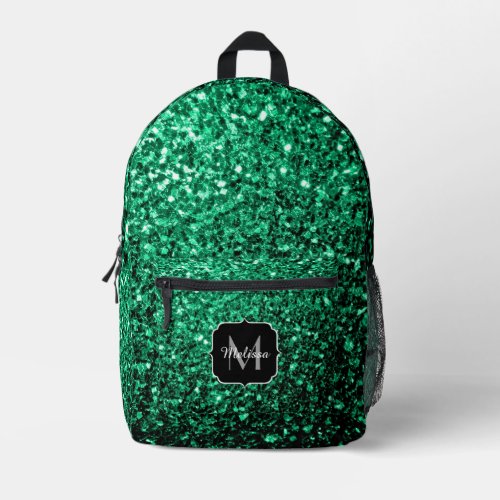 Emerald green faux glitter sparkles Monogram Printed Backpack