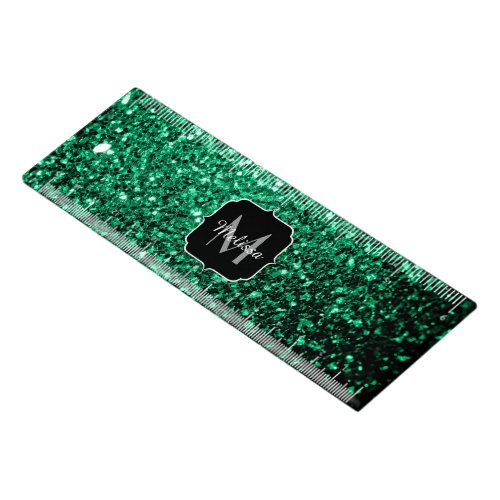 Emerald Green faux glitter sparkles Monogram Ruler