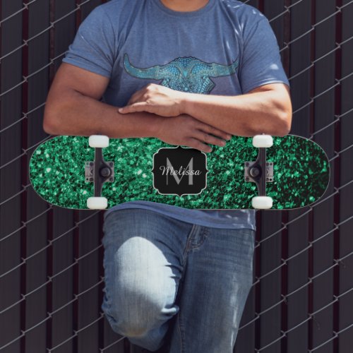 Emerald Green faux glitter sparkles Monogram Skateboard Deck