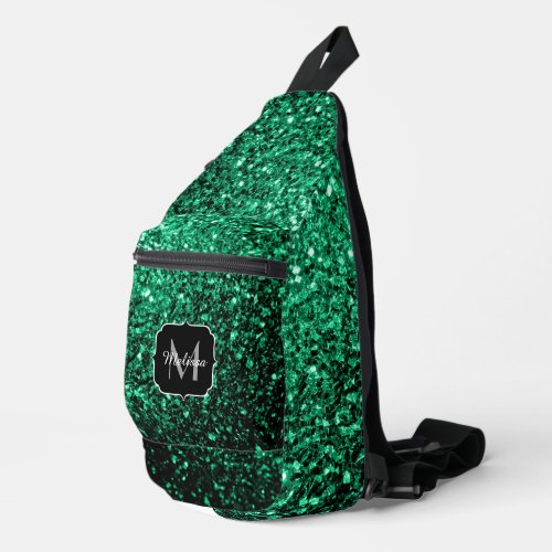 Emerald green faux glitter sparkles Monogram Sling Bag