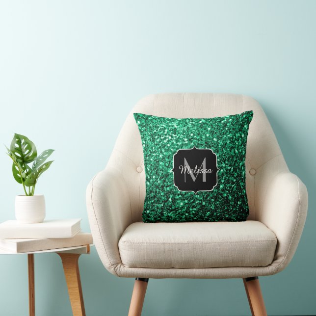Emerald Green faux glitter sparkles Monogram Throw Pillow (Chair)