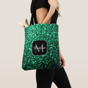 Emerald Green faux glitter sparkles Monogram Tote Bag