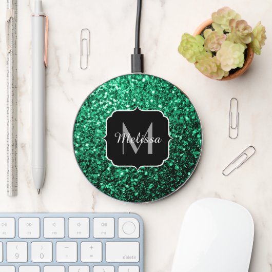 Emerald Green faux glitter sparkles Monogram Wireless Charger (Desk)