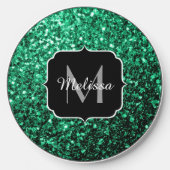 Emerald Green faux glitter sparkles Monogram Wireless Charger (Front)