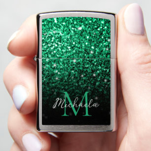 Emerald Green faux glitter sparkles Monogram Zippo Lighter