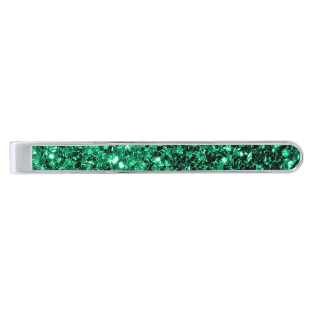 Emerald Green faux glitter sparkles Silver Finish Tie Bar (Front)