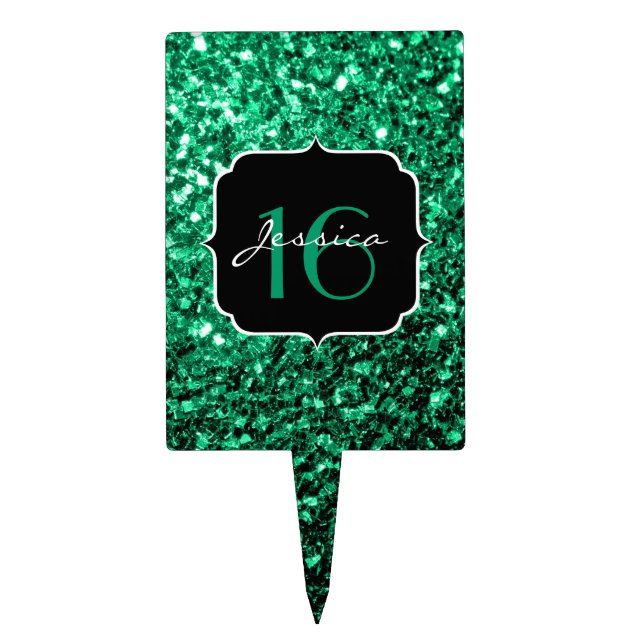 Emerald Green faux glitter sparkles Sweet 16 Cake Topper (Front)