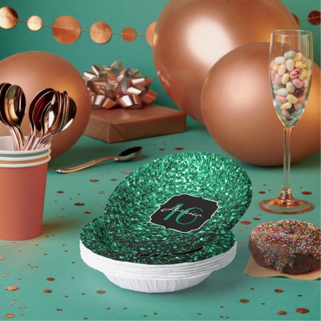 Emerald Green faux glitter sparkles Sweet 16 Paper Bowls (Multi)