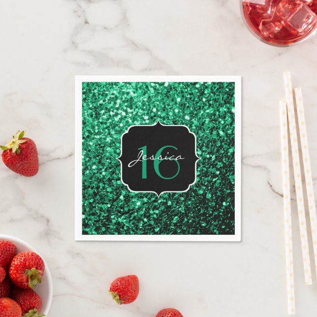 Emerald Green faux glitter sparkles Sweet 16 Paper Napkins (Insitu)