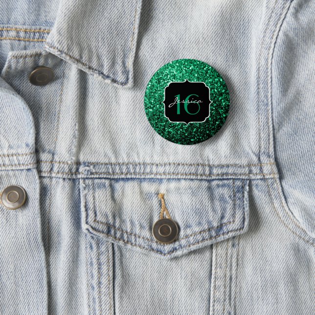 Emerald Green faux glitter sparkles Sweet 16 Pinback Button (In Situ)