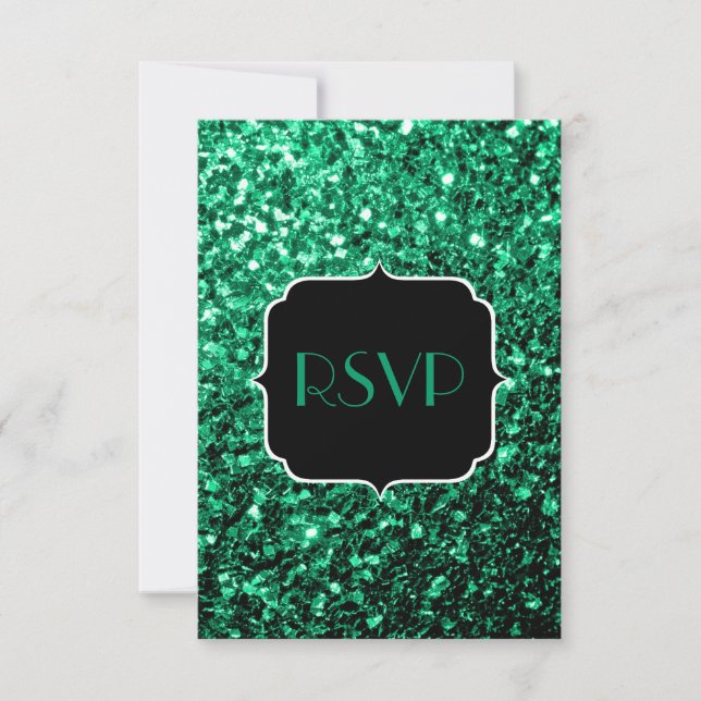 Emerald Green faux glitter sparkles Sweet 16 RSVP Card (Front)