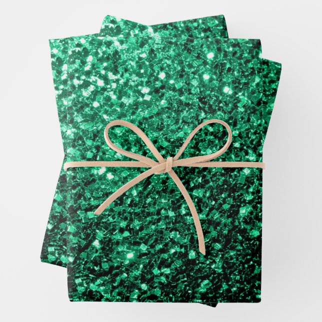 Emerald green faux glitter sparkles wrapping paper sheets (In situ)
