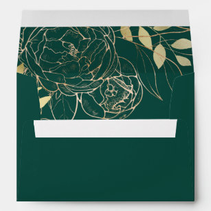 Emerald Green & Faux Gold Modern Floral Wedding Envelope
