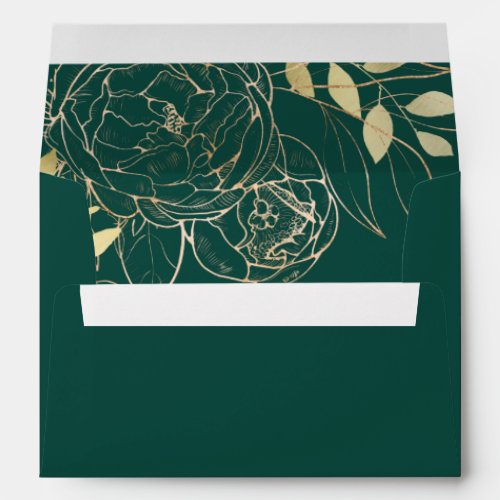 Emerald Green  Faux Gold Modern Floral Wedding Envelope