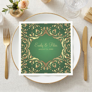 Emerald Green Faux Gold Ornate Damask Wedding Napkins