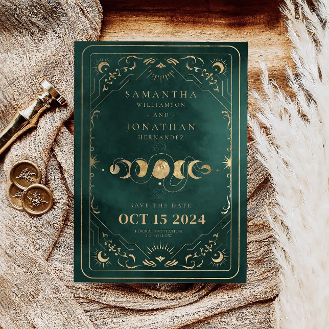 Emerald Green & Faux Gold Tarot Celestial Save The Date (Creator Uploaded)