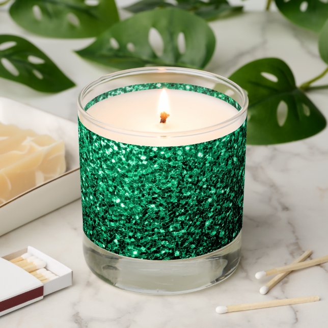 Emerald green faux sparkles glitter bling scented candle (Lit)