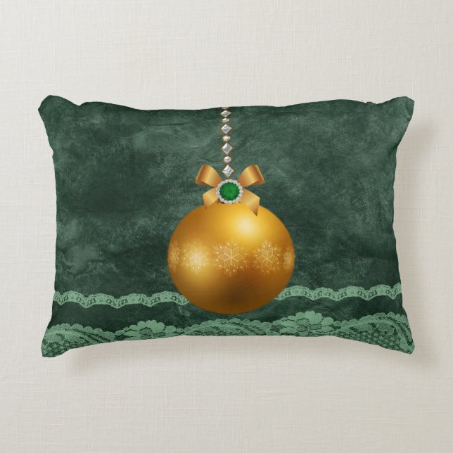 Emerald Green FauxLace Border Gold JeweledOrnament Decorative Pillow (Front)
