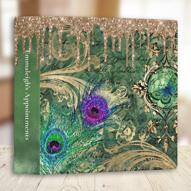 Emerald Green Feather Abstract Gold Drip 3 Ring Binder (Creator Uploaded)