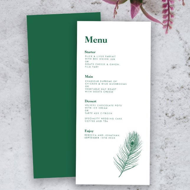 Emerald Green Feather Modern Wedding Menu Card (Creator Uploaded)