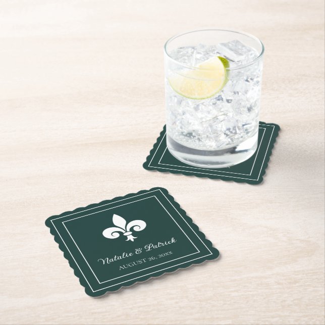 Emerald Green Fleur de Lis Wedding Paper Coasters (Insitu)